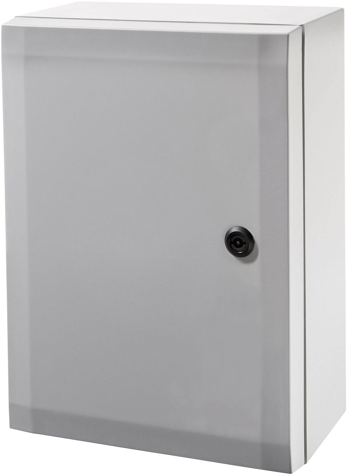Metal cabinet with a locked door and side handle.