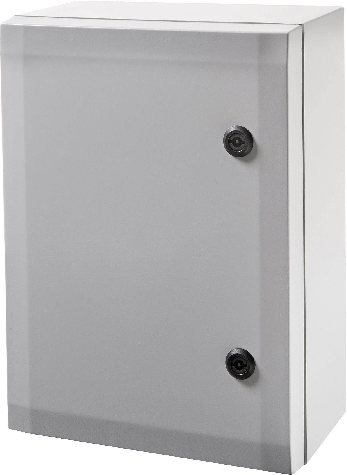 A grey, rectangular control cabinet with two black hinges on the right side.