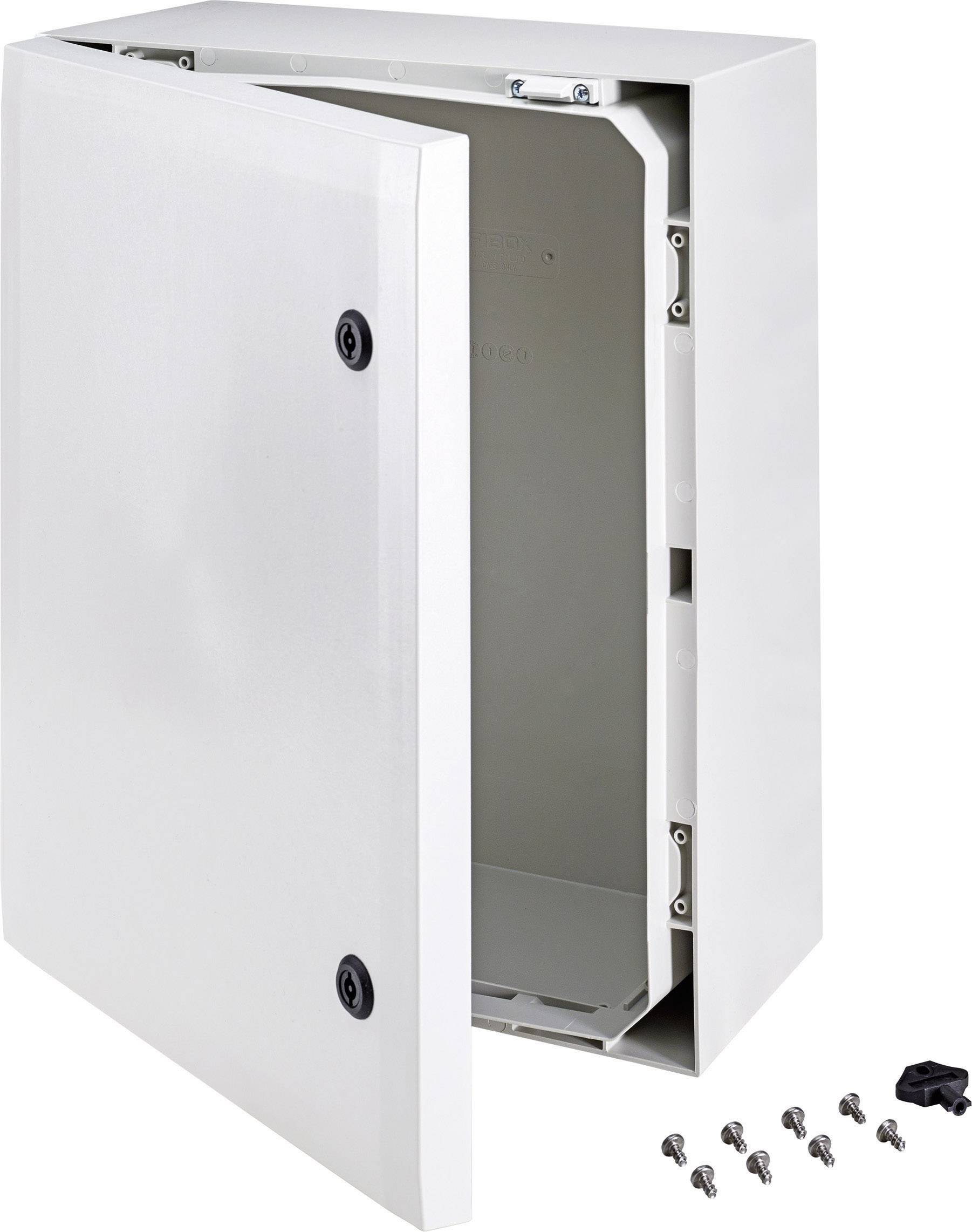 Open, white metal cabinet with screws and lock accessories beside it. Suitable for securely storing technical equipment.