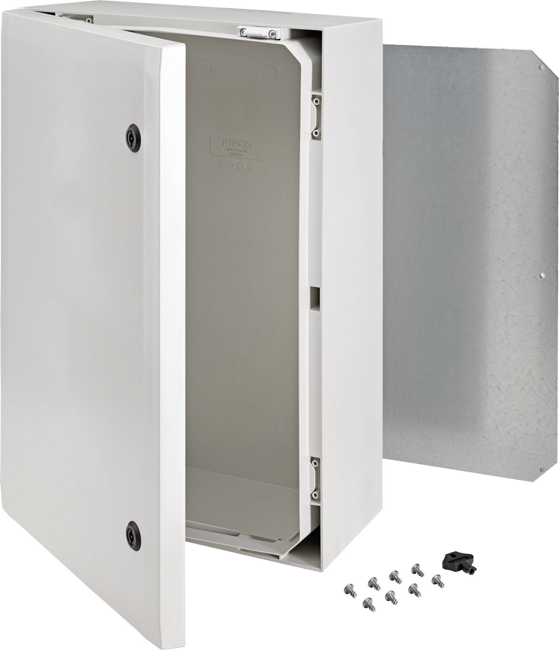 An open, empty grey metal cabinet with a removable door, with screws and a clamp lying beside it on a light background.
