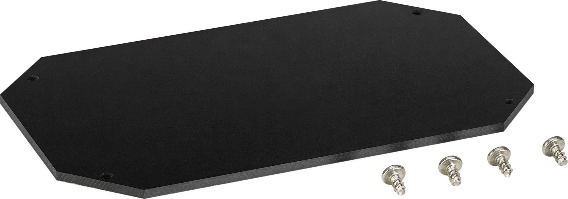 Black rectangular metal plate with bevelled edges, with five screws beside it.