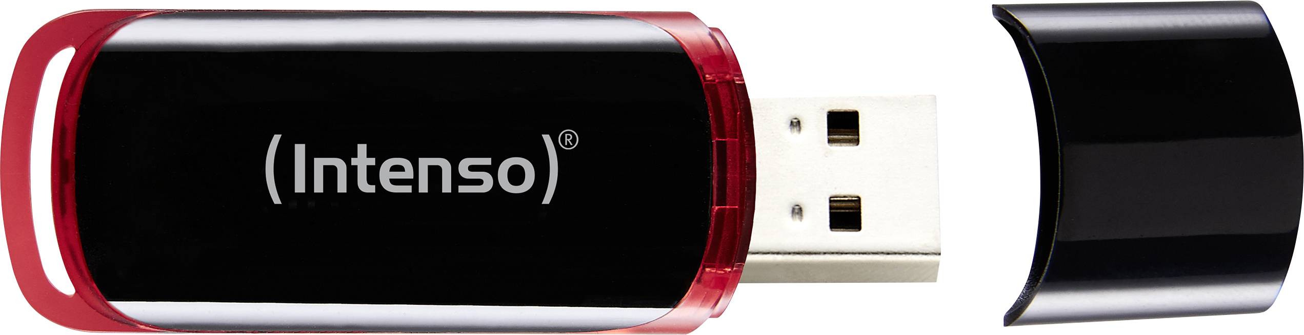 USB stick with removed cap, 'Intenso' brand in black and red.