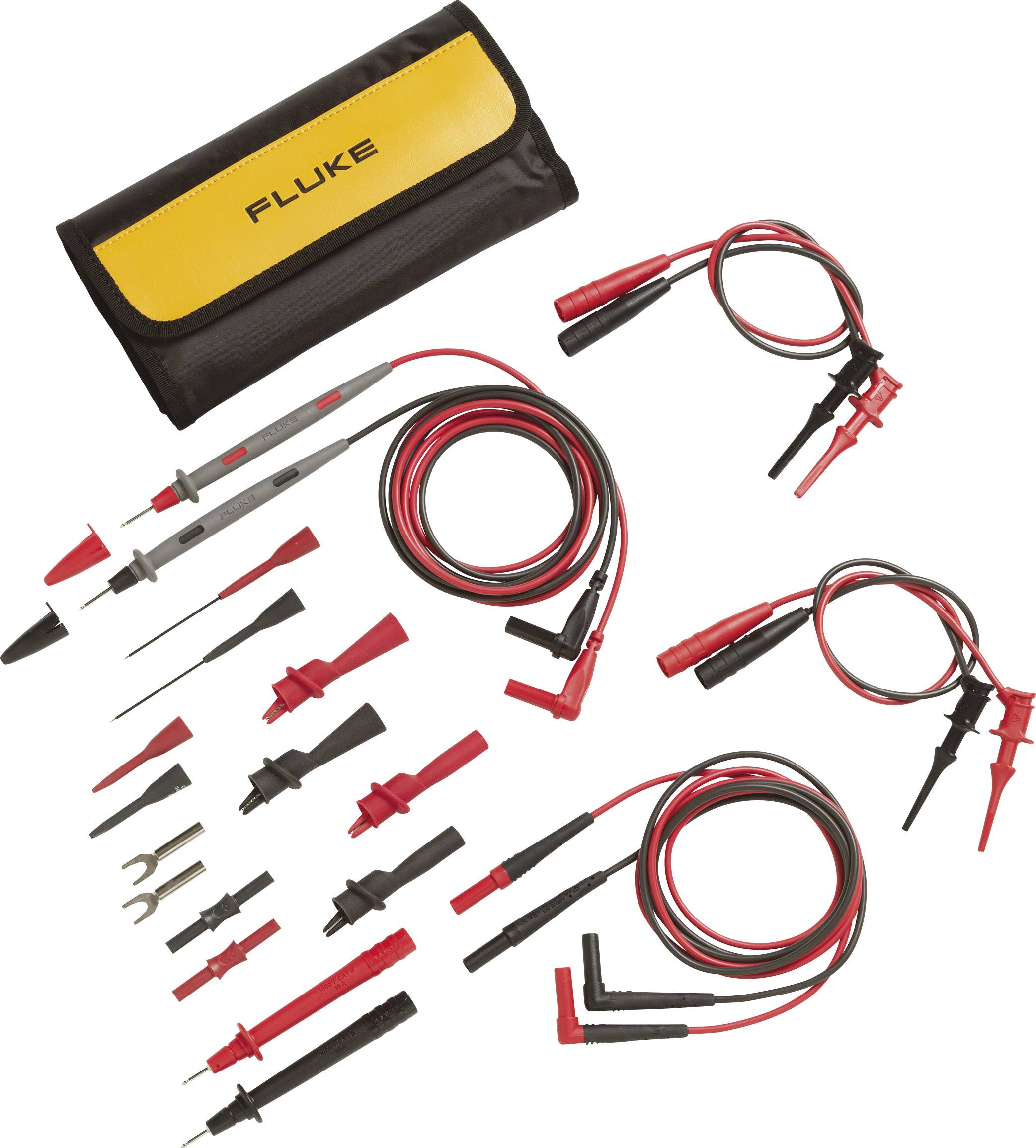 Electronic test cable set with red and black cables, various attachments, and a yellow bag with a black logo.