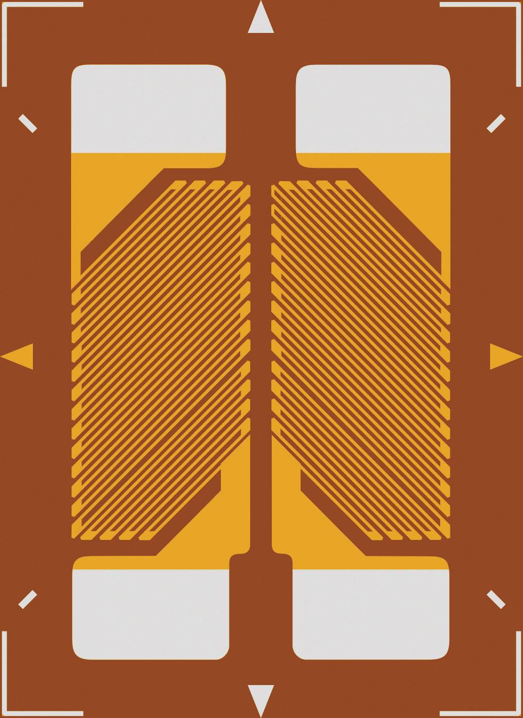 The graphic depicts a stylised, symmetrical design in orange and brown tones with diagonally running stripes and arrows on the exterior.