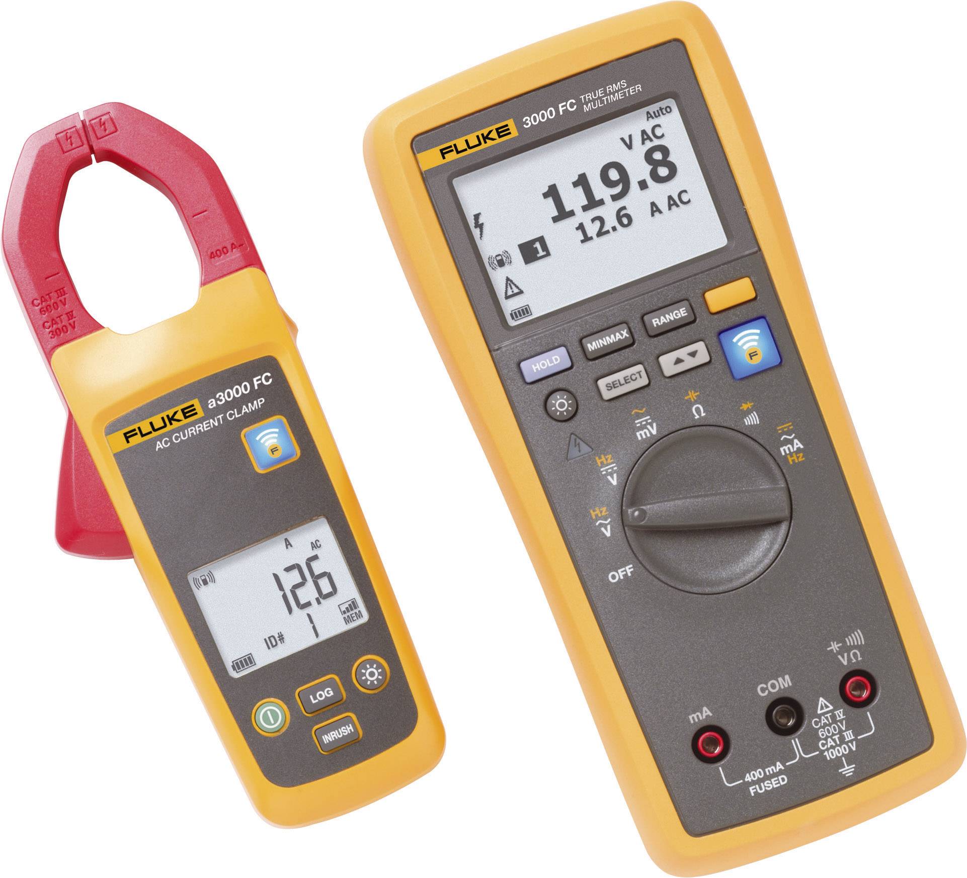 A digital multimeter and an orange current clamp. The multimeter displays '119.8 V AC' and '12.6 A AC', the clamp '126 A'.