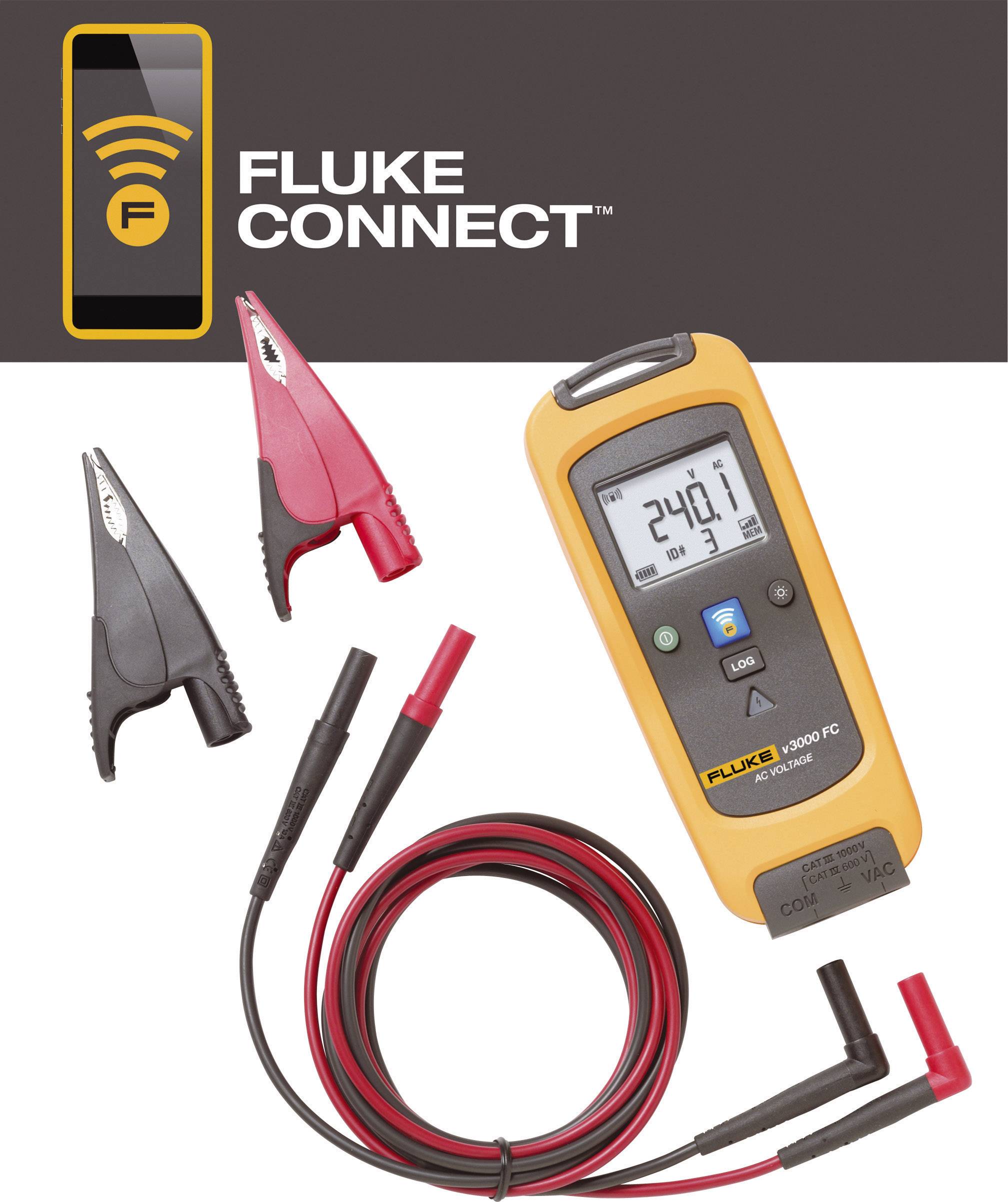 A digital multimeter with cables and probes displays 'Fluke Connect' on the screen. It is used for measuring electrical values.