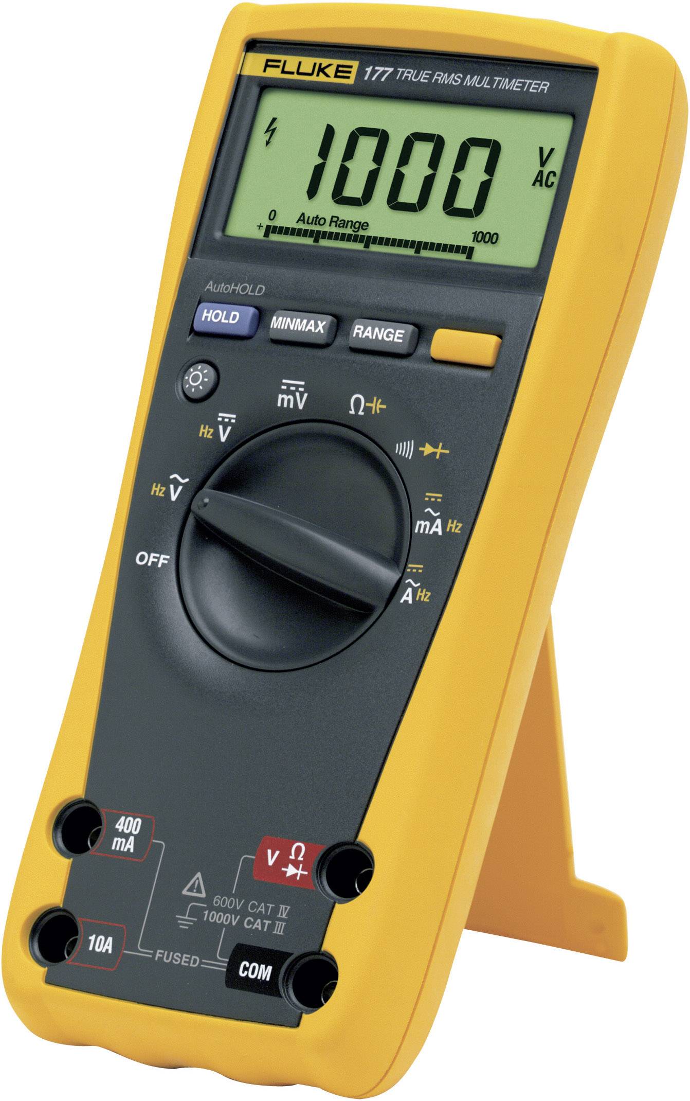 Multimeter with a yellow casing, display showing '1000 V AC', rotary dial for selecting various functions, brand name at the top.