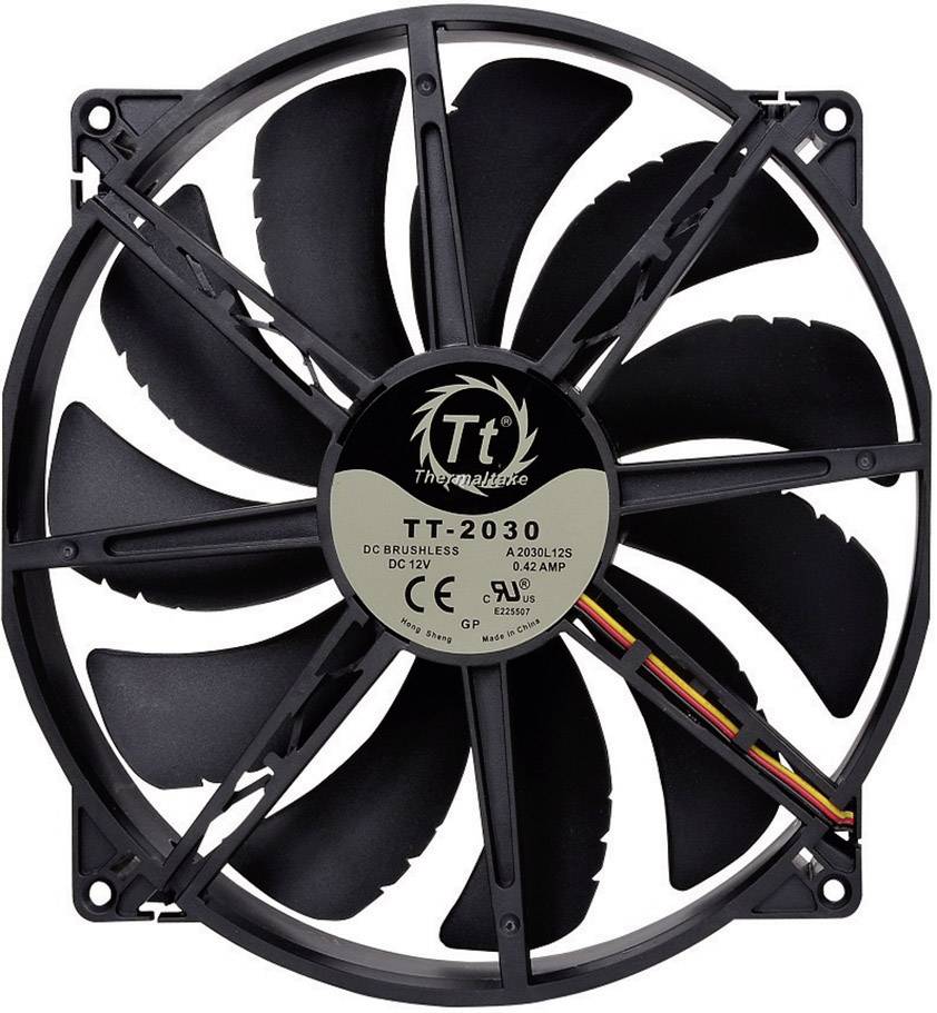 Black computer fan by Thermaltake. Model number TT-2030. Showing the fan blades and connection cable.
