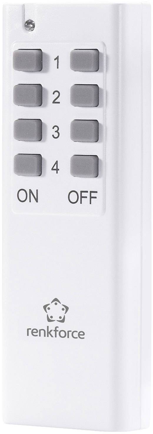Remote control with buttons 1 to 4 and switches for 'ON' and 'OFF'. Brand: Renkforce.