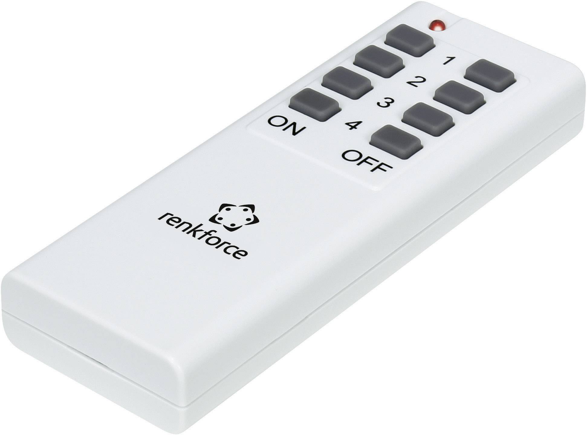A white remote control with five number buttons (1 to 4) and buttons for 'ON' and 'OFF'. The 'renkforce' brand is visible.