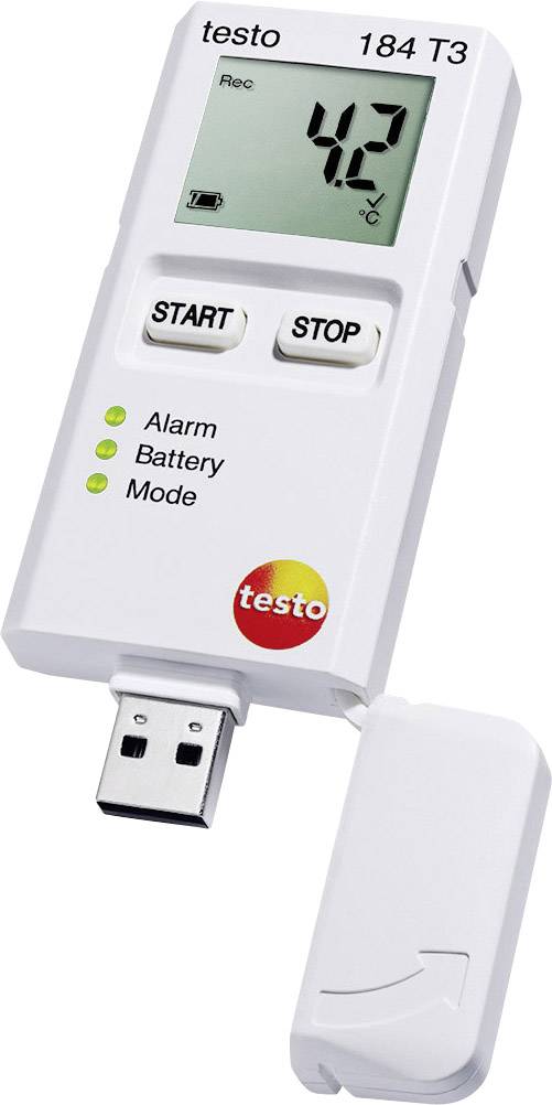 Temperature Data Logger Testo 184 T3 with USB connection, displays 4.2°C on screen, with Start and Stop buttons, status LEDs for Alarm, Battery and Mode.