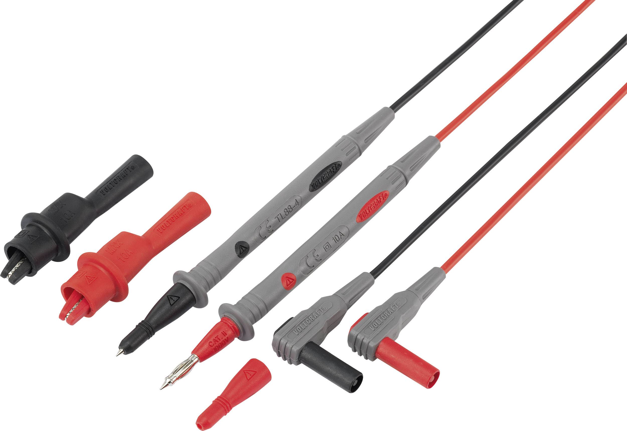Measurement leads with red and black clips on a white background, used for electrical testing purposes.