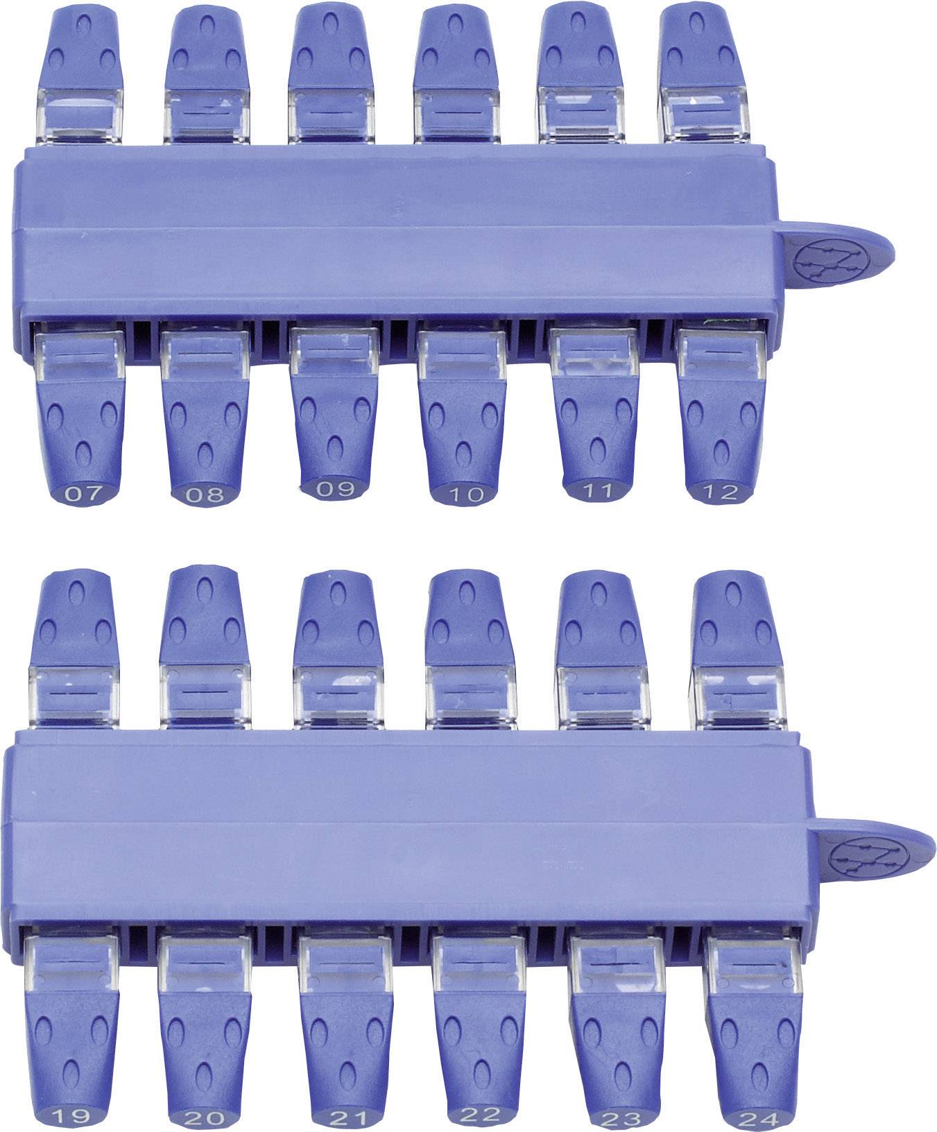 Cable management set with two blue holders, each with twelve numbered clips for organising cables.