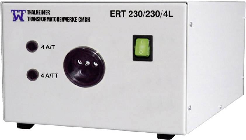 The image depicts an electrical device from Thalheimer Transformatorenwerke GmbH with the labels '4 A/T' and 'ERT 230/230/4L'. A green switch is visible.