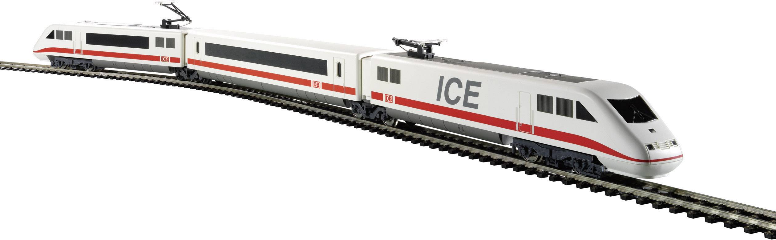 A high-speed ICE train is travelling on a winding railway track. The train is white with red stripes.<br><br>Note the changes:<br>- 