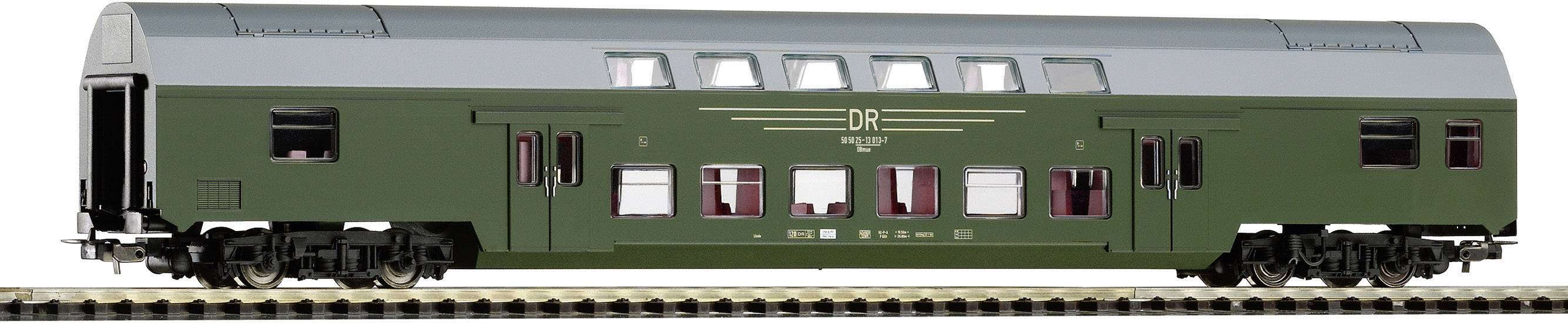 A model of a two-storey green railway carriage of the Deutsche Reichsbahn on a track.