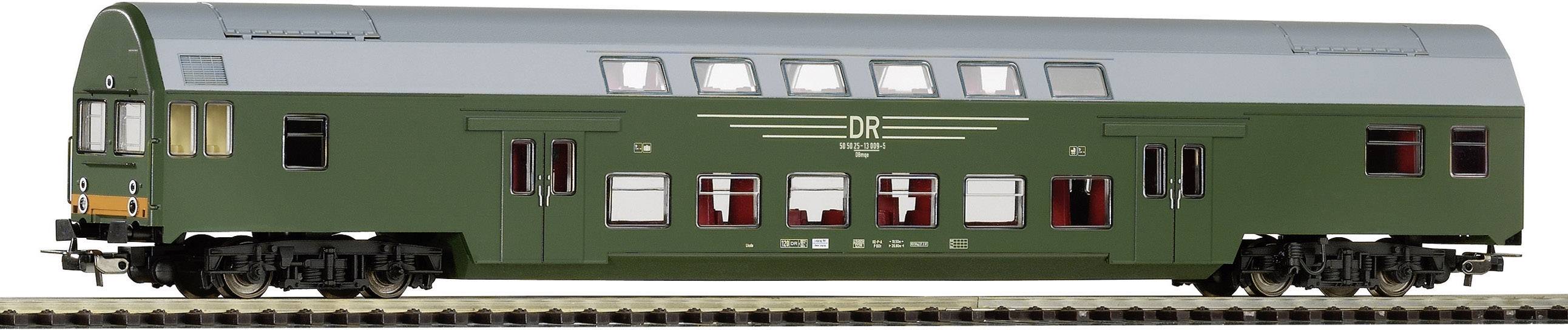 Green double-decker passenger carriage on tracks, side view. 'DR' inscription centrally positioned, upper window row closed.