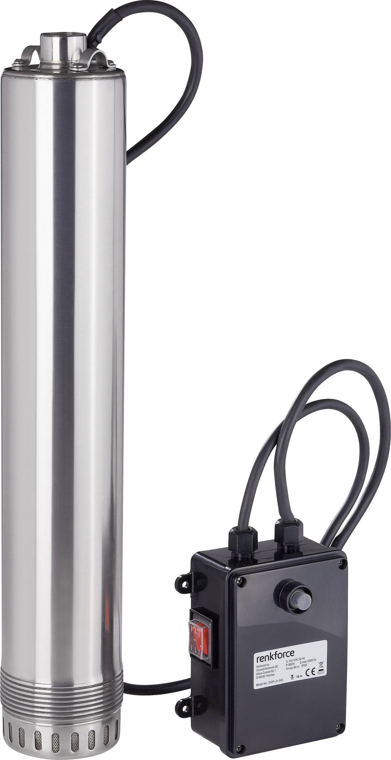 Silver pump with black control box, cables connected. Label on control box marked 'renkforce'.