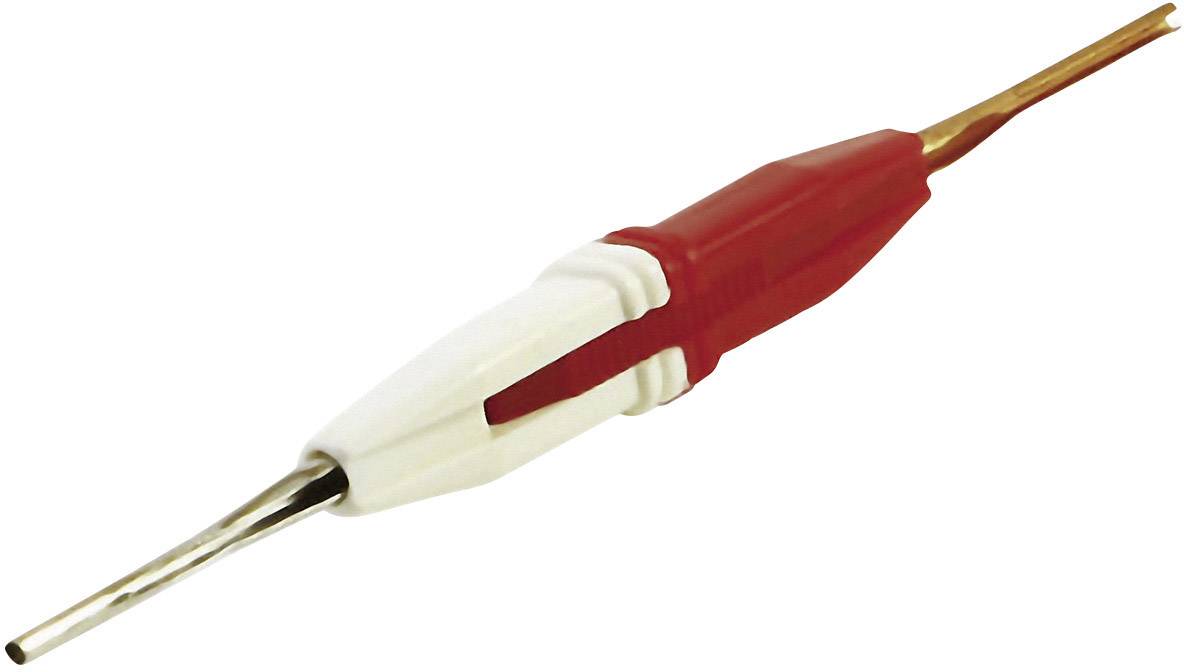 Wire stripper with a red and white handle, tapering metal point and curved end for installing cables or wires.