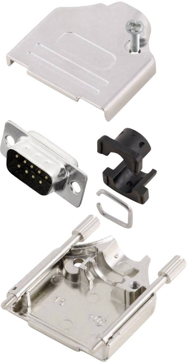 Metal housing set for D-sub connector, comprising housing parts, a screw, a plastic clip and a wire clip.