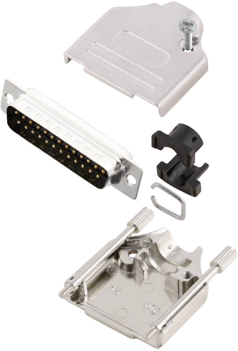 Metal 25-pin D-Sub plug, disassembled, with housing, screws and plastic components, ready for assembly.