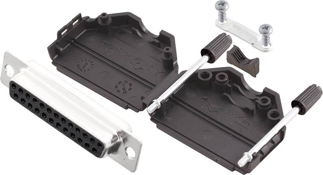 Disassembled plug with a black plastic housing and visible silver connections, screws, and mounting brackets.