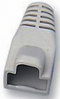 Grey RJ45 plug with plastic sheathing and cable protection, typically used for Ethernet connections in networks.