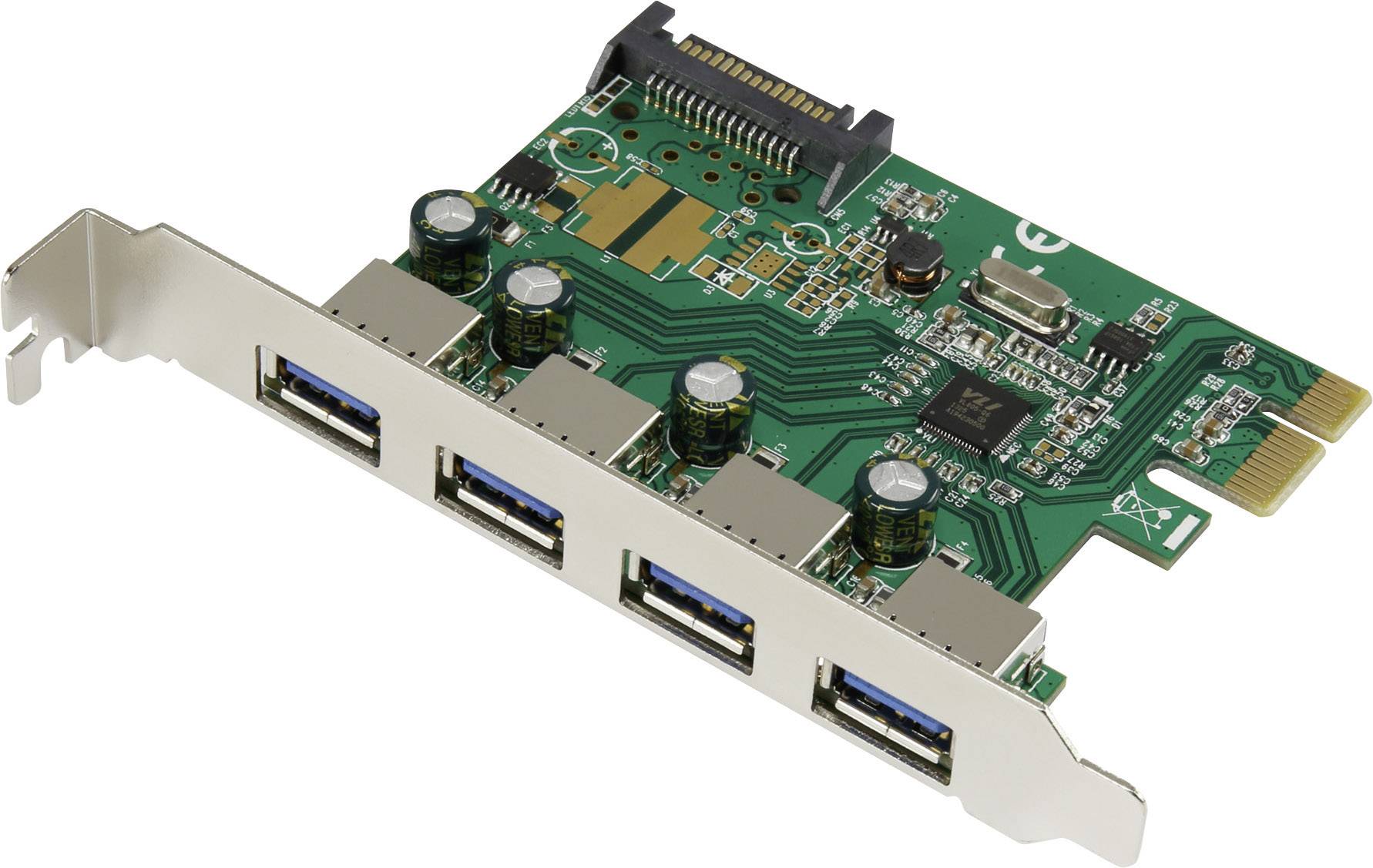USB 3.0 PCIe Card with Five Ports, Motherboard Slot, Green Circuit Boards. Expansion of a Computer's Connectivity Options.