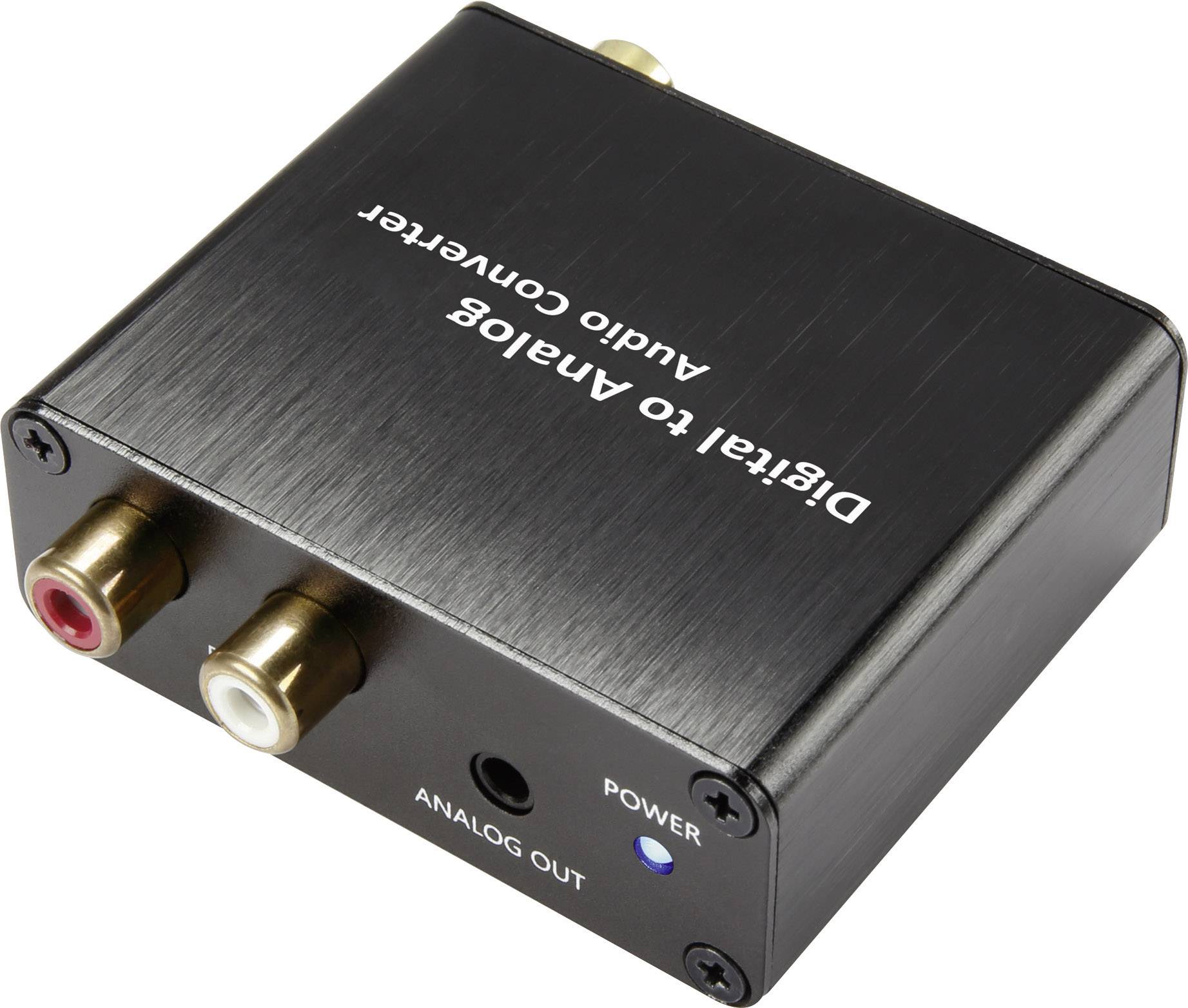 Digital to Analogue Audio Converter with RCA and optical connections for audio transmission. Black casing, illuminated power symbol.