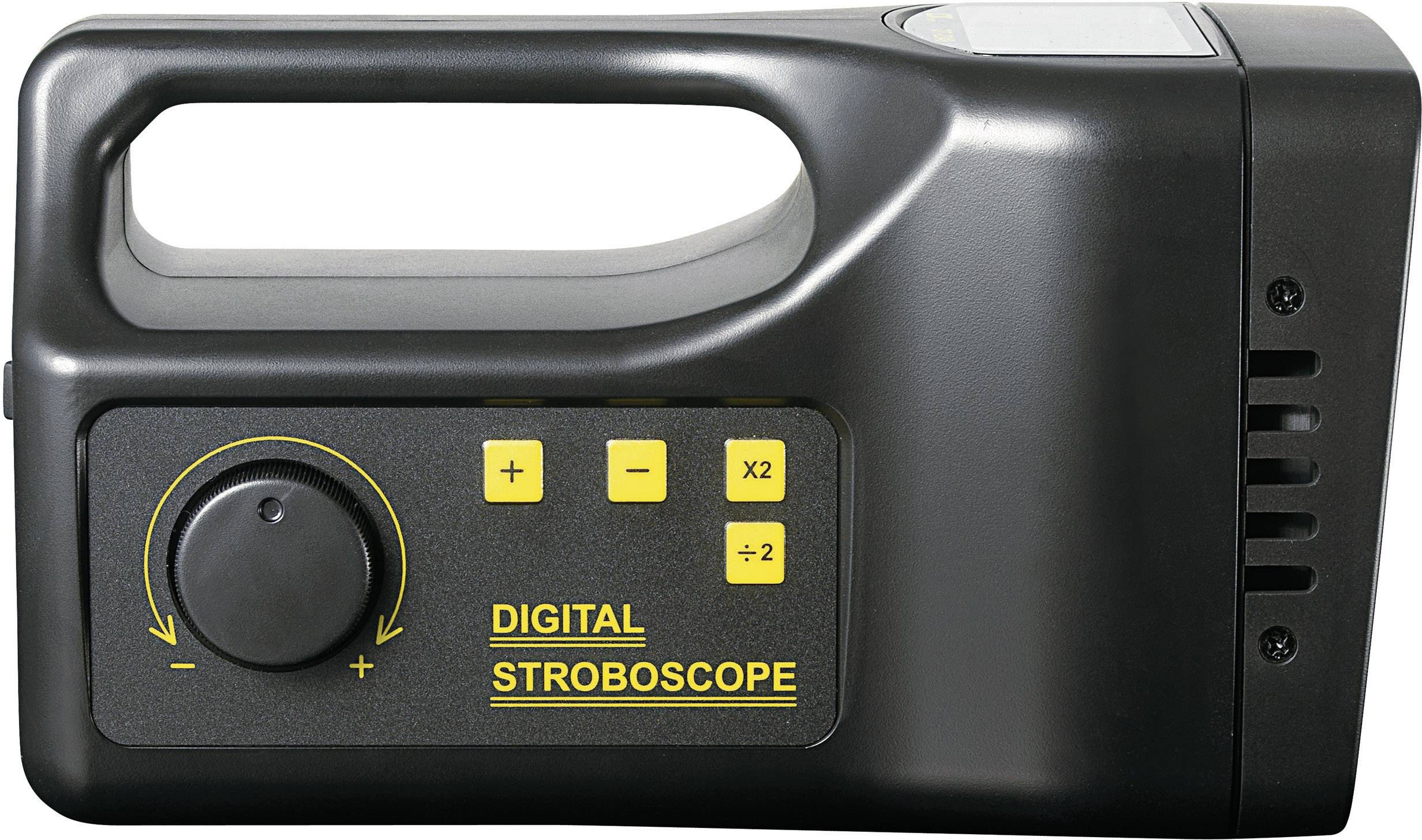 Digital stroboscope with handle and rotary dial for adjustment. Yellow buttons for controlling the frequency.
