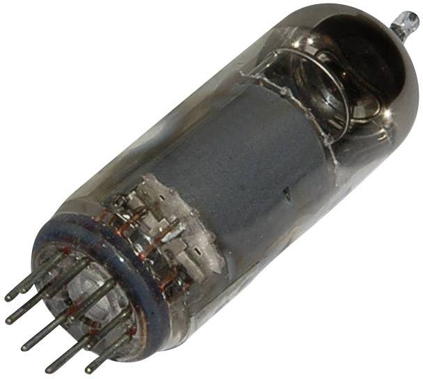 A glass electron valve with multiple metal pins at one end, which was previously used in electronic devices for signal amplification.