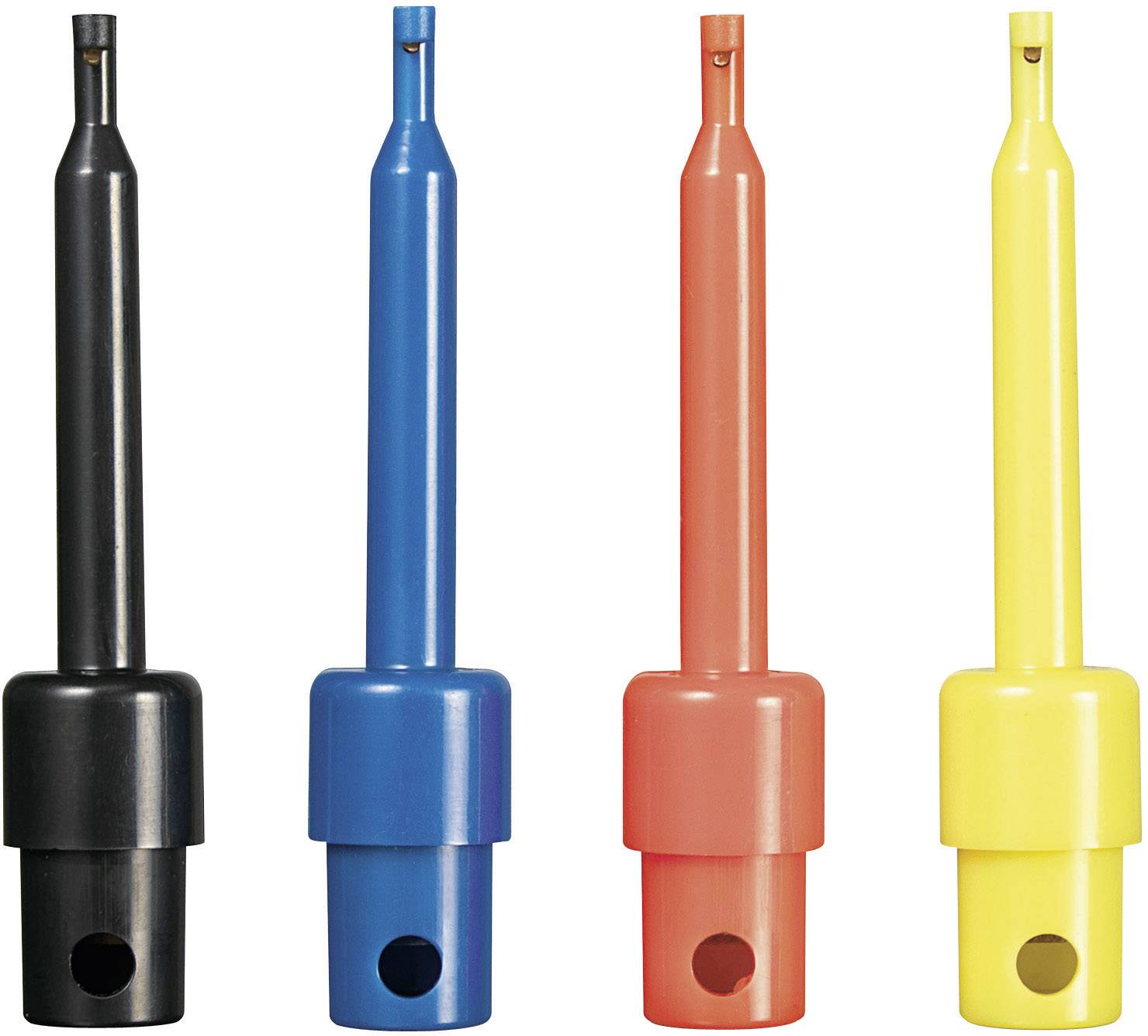 Four pens in the colours Black, Blue, Red and Yellow positioned side by side, each with a round opening at the bottom end.