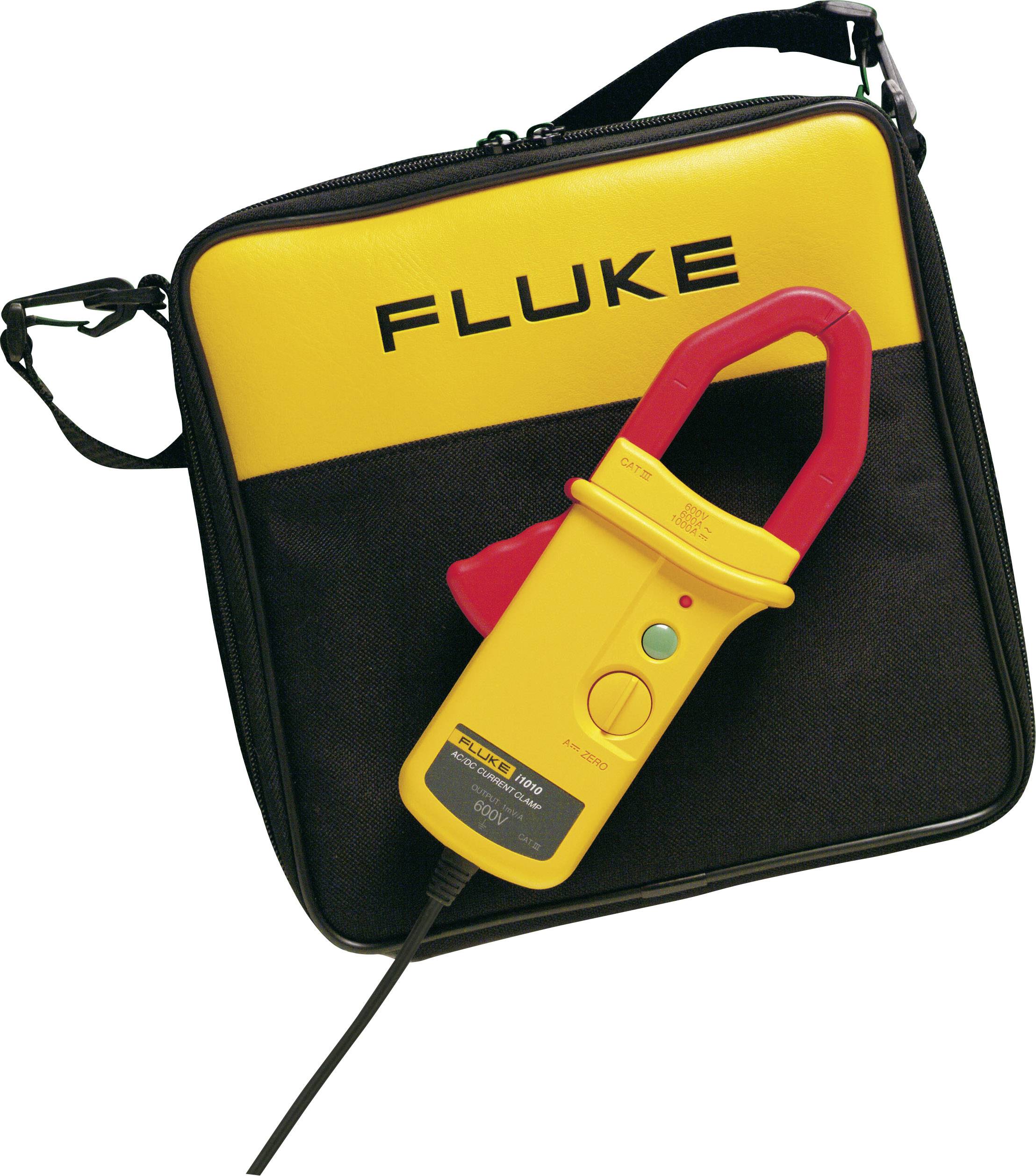A yellow-red electrical measuring device on a black and yellow Fluke branded bag. It is designed for current measurements.