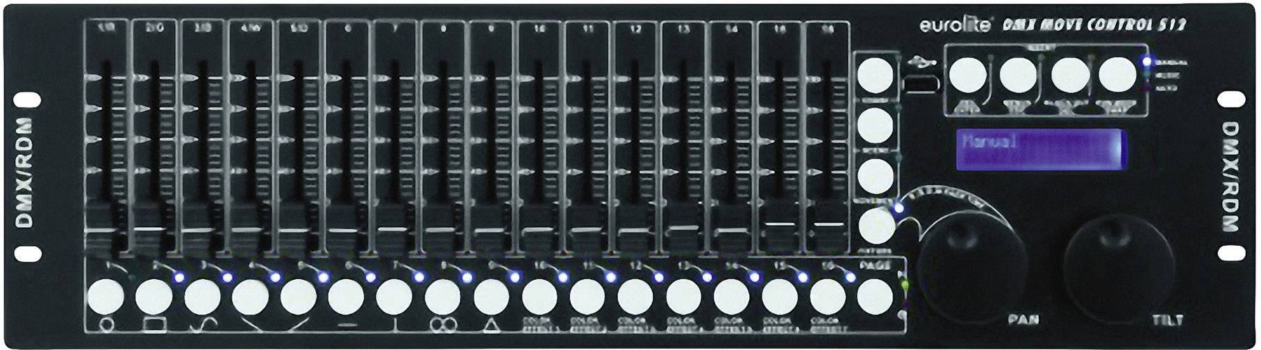 A DMX lighting control device with 16 faders, rotary knobs for Pan/Tilt, and a digital display.