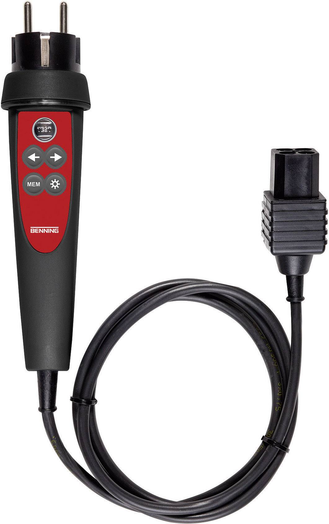 Electronic testing device with a red display and black cable, primarily used for checking electrical connections and safety.