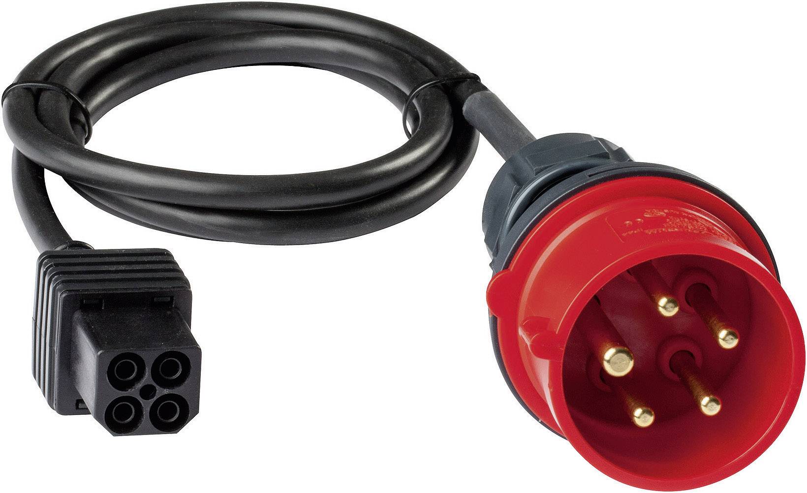 Black and red high-current electrical cable with five-pin plug and socket.