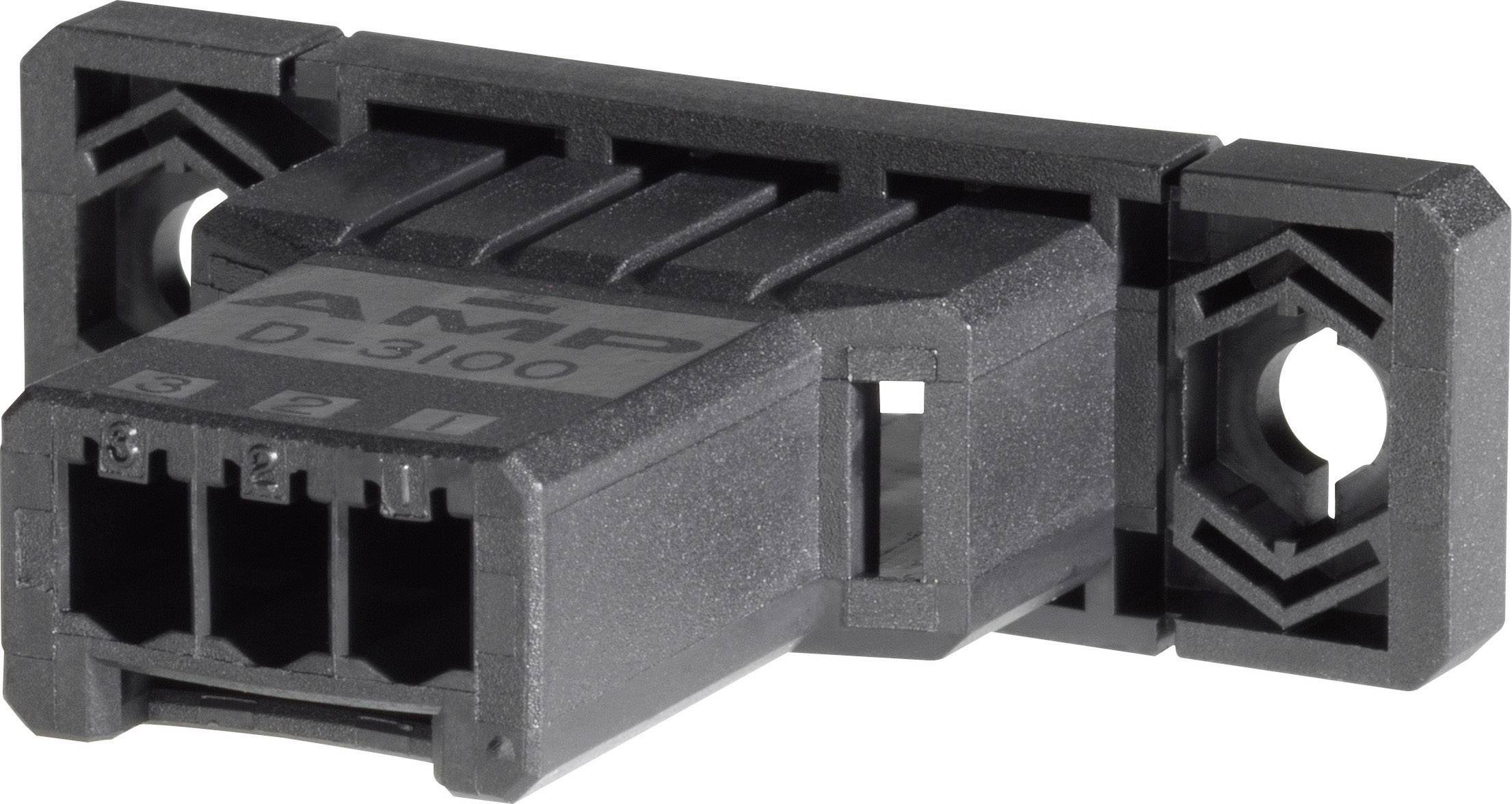 Black and grey electronic connector with a rectangular shape and four slots, printed with 'AMP D-3100' text, featuring side mounting holes.