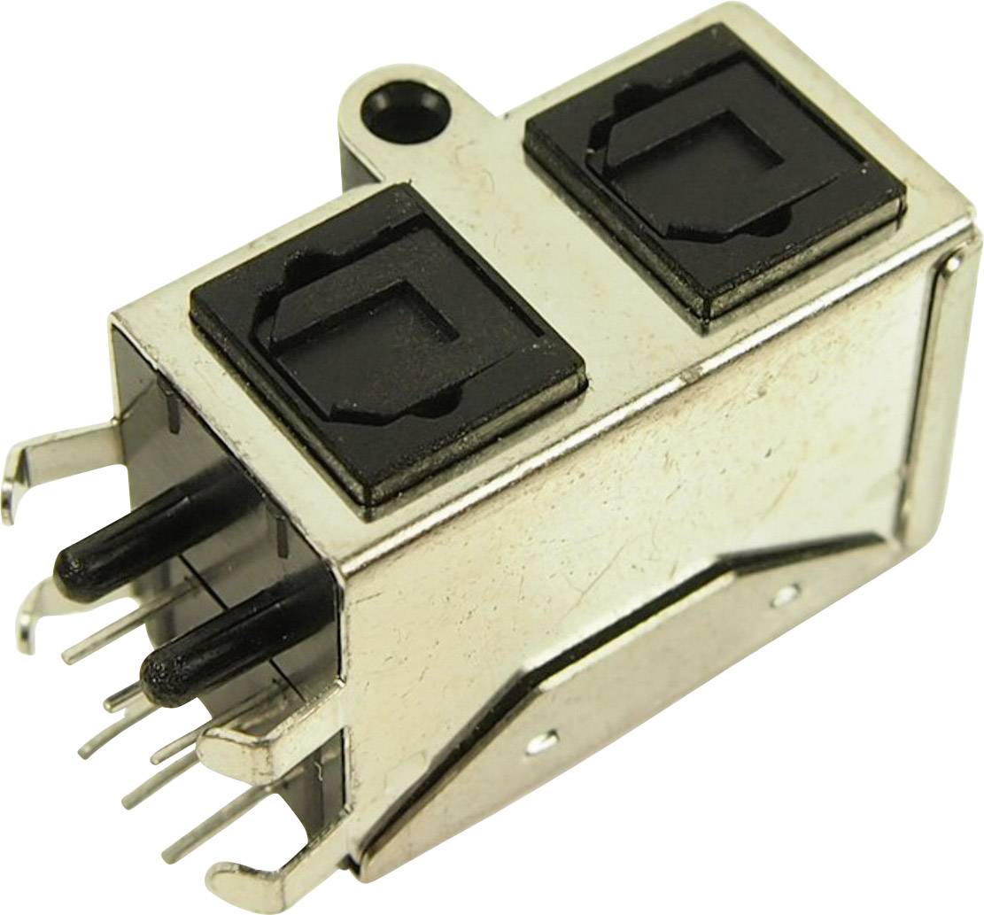A rectangular, silver electronic component with two black squares on top and several pins on the left side.