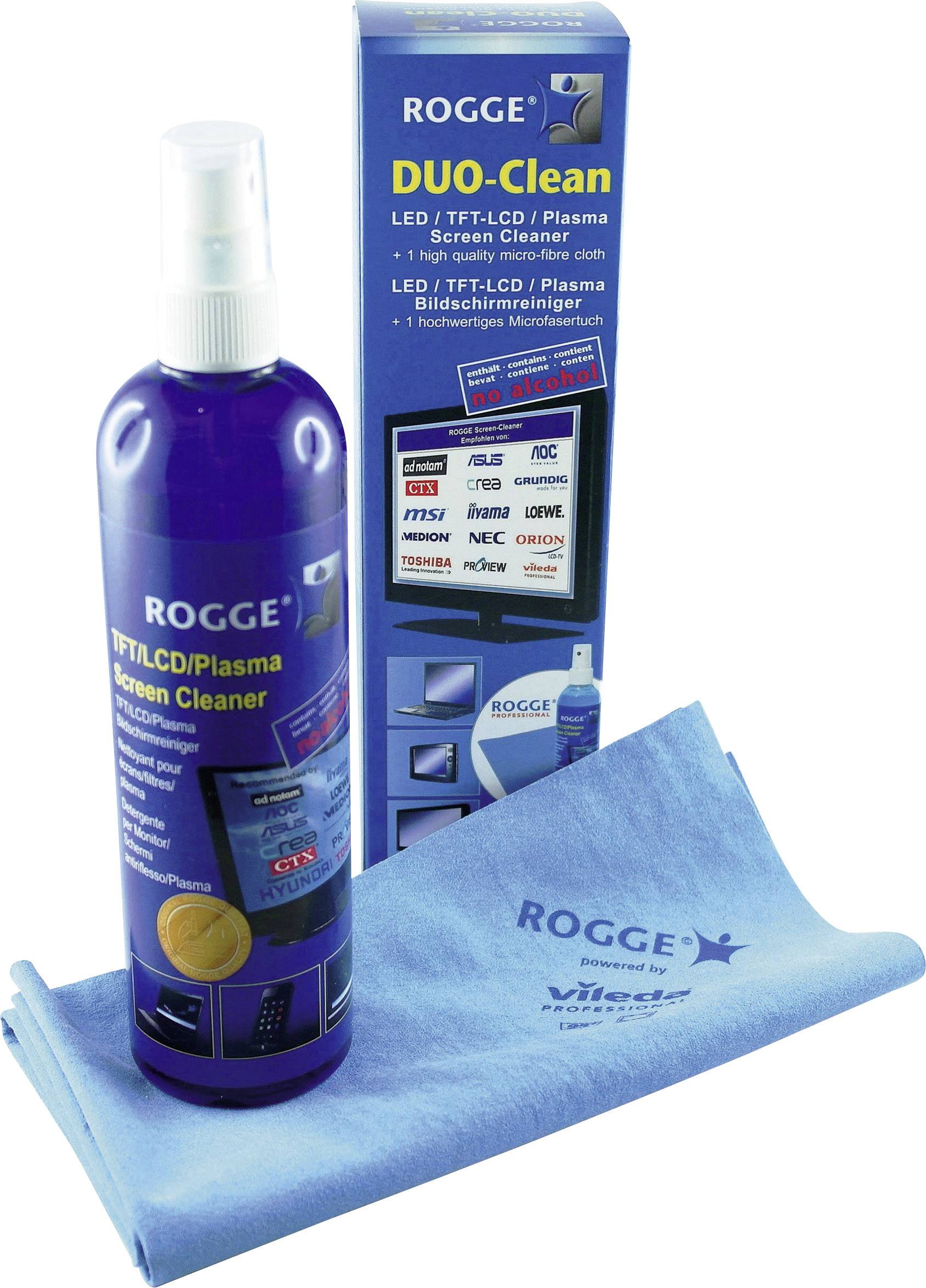 Duo-Clean cleaning set by Rogge, comprising a blue bottle and a cloth, suitable for TFT, LCD and plasma screens.