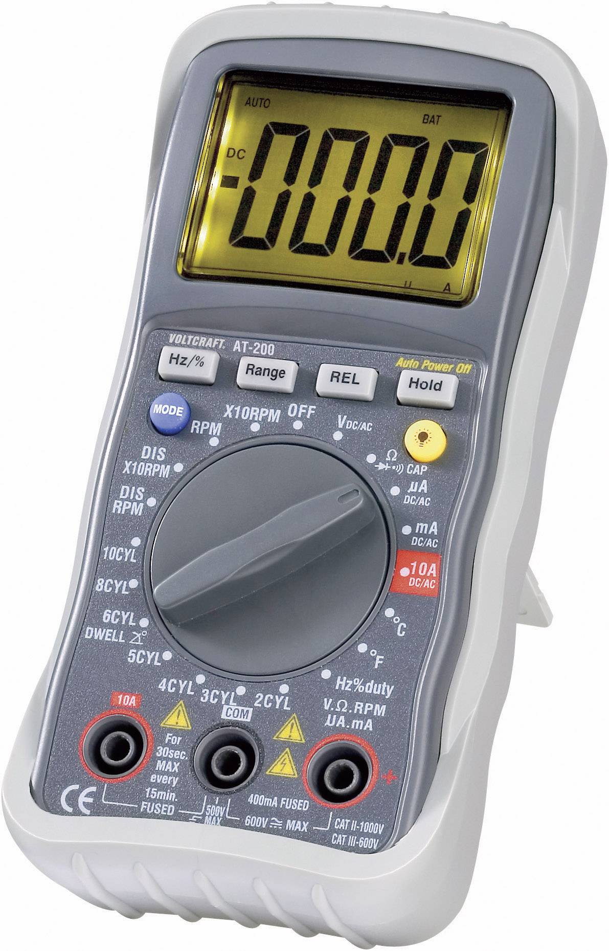 Digital multimeter with LCD display, rotary switch for different measurement ranges, buttons for mode switching, connection sockets at the bottom.