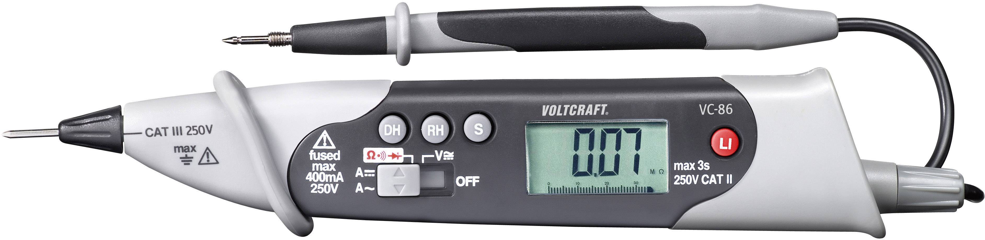 Electronic measuring device for voltage testing, showing '0.07' on digital display. Surrounded by switches and connections.