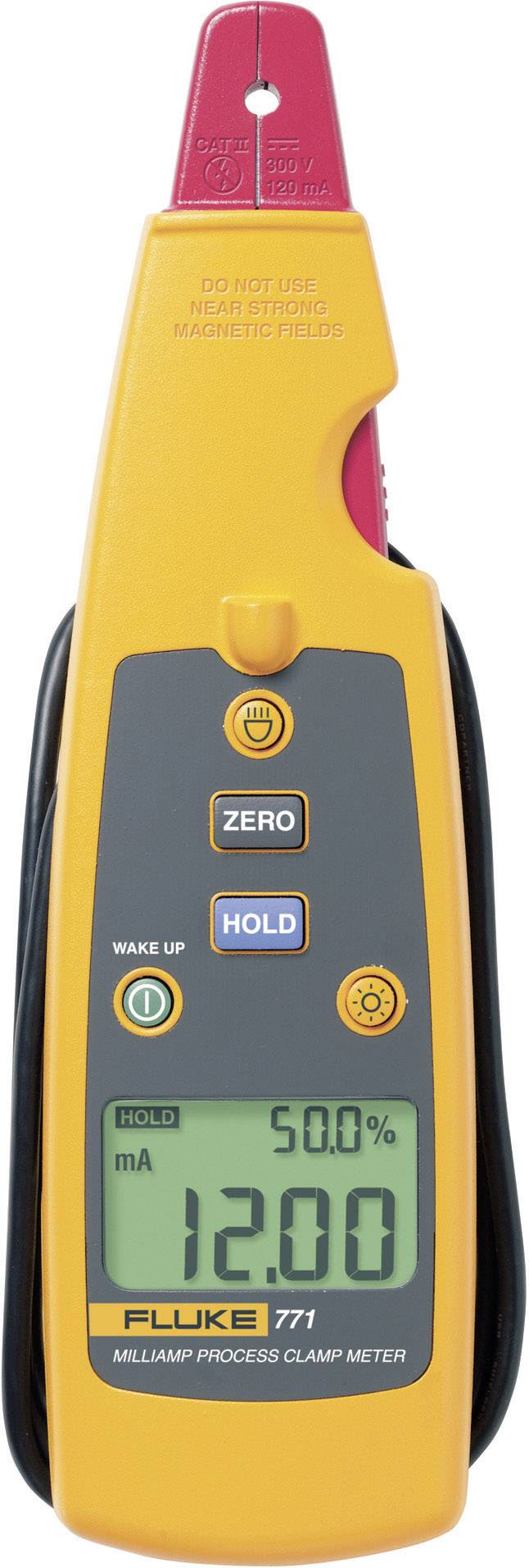 Digital measuring device with clamp for current measurement, displaying '12.00 mA' and '50.0%' on the screen. Brand: Fluke.
