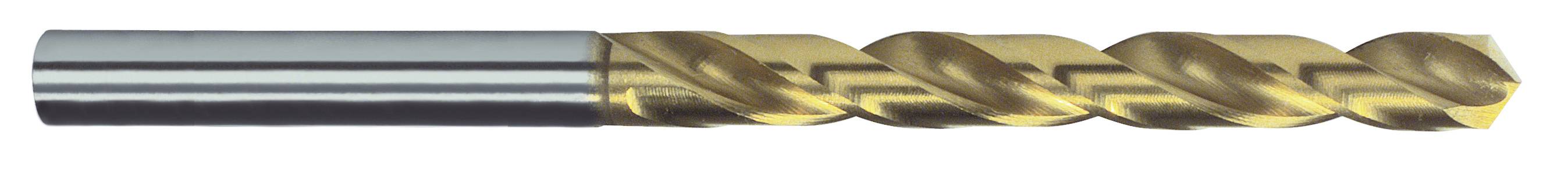 Cylindrical metal spiral drill with gold-coloured coating, suitable for drilling hard materials.