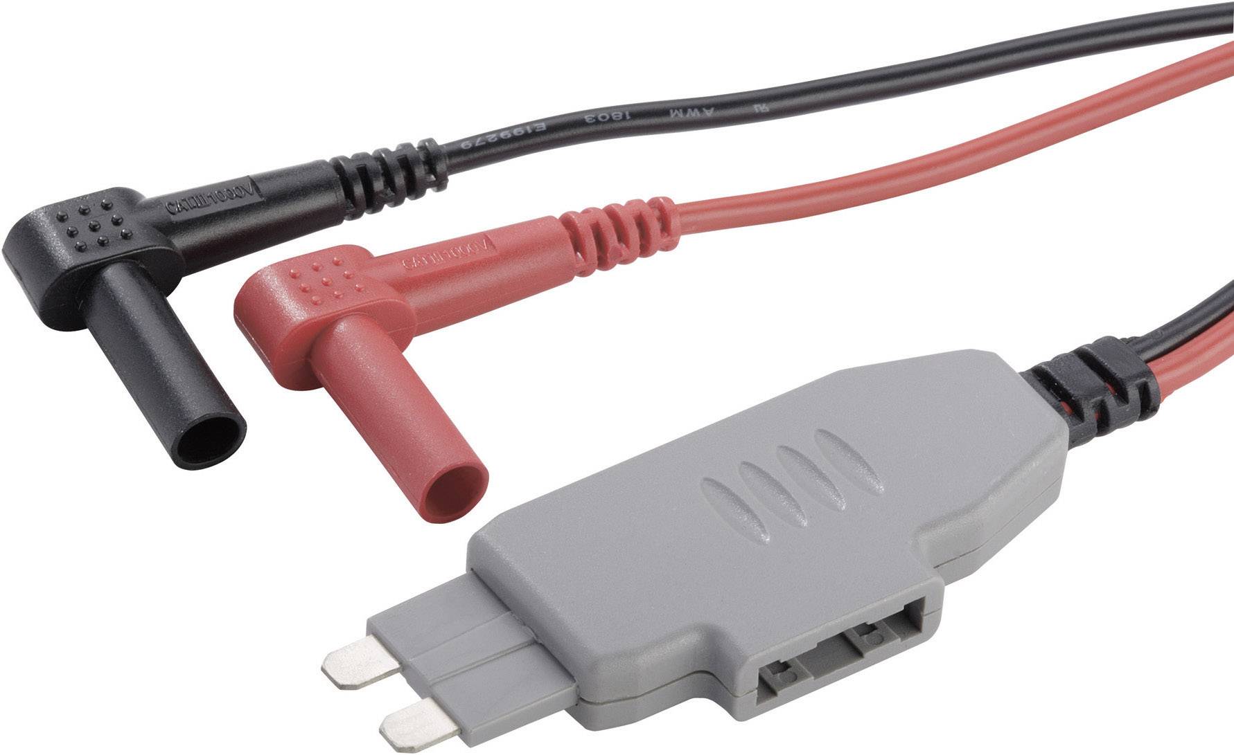A grey adaptor plug with red and black cables and angled connections, commonly used for electrical devices.