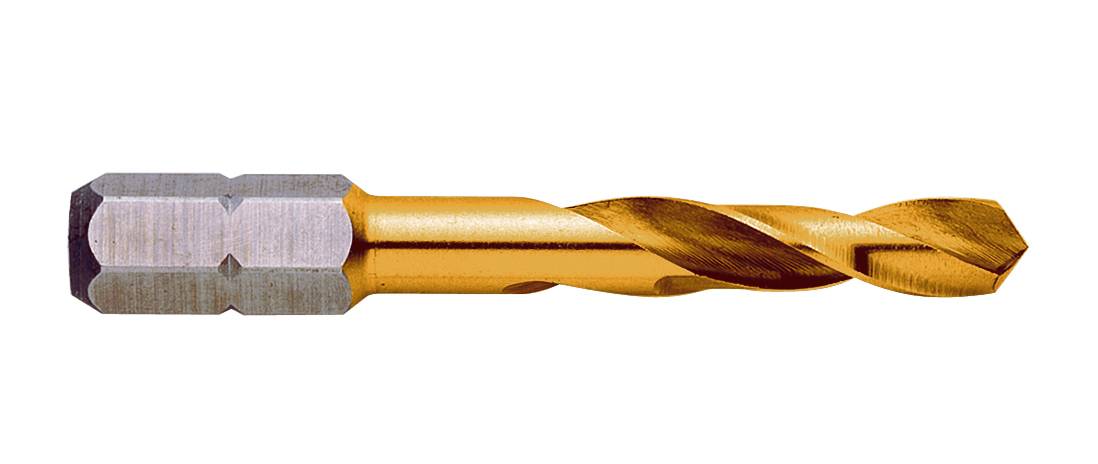 Golden drill bit with hexagonal shank, suitable for metalworking.