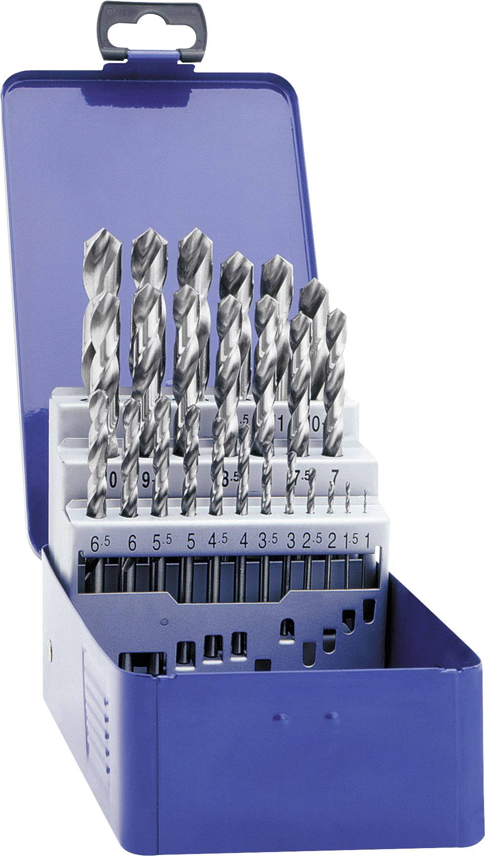 An open blue box containing drill bits of various sizes, arranged in holders.