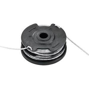 A black reel with white thread wound around it, ready for use in a mechanical device.