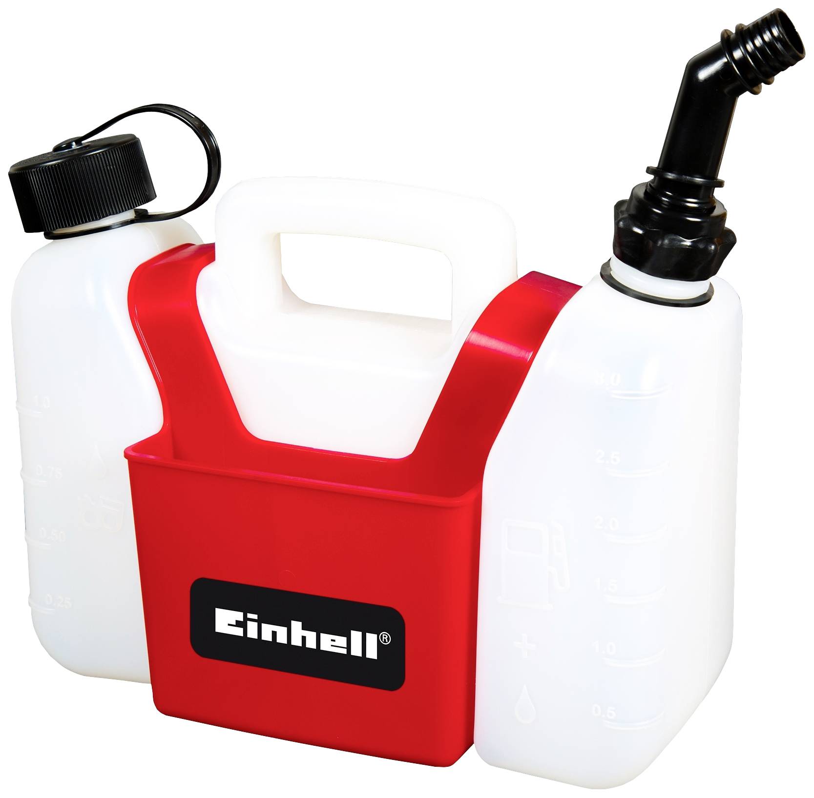 Fuel and oil mixing jerry cans by Einhell with a red handle. Left for petrol, right for oil, with separate spouts. Ideal for simple fuel mixing.