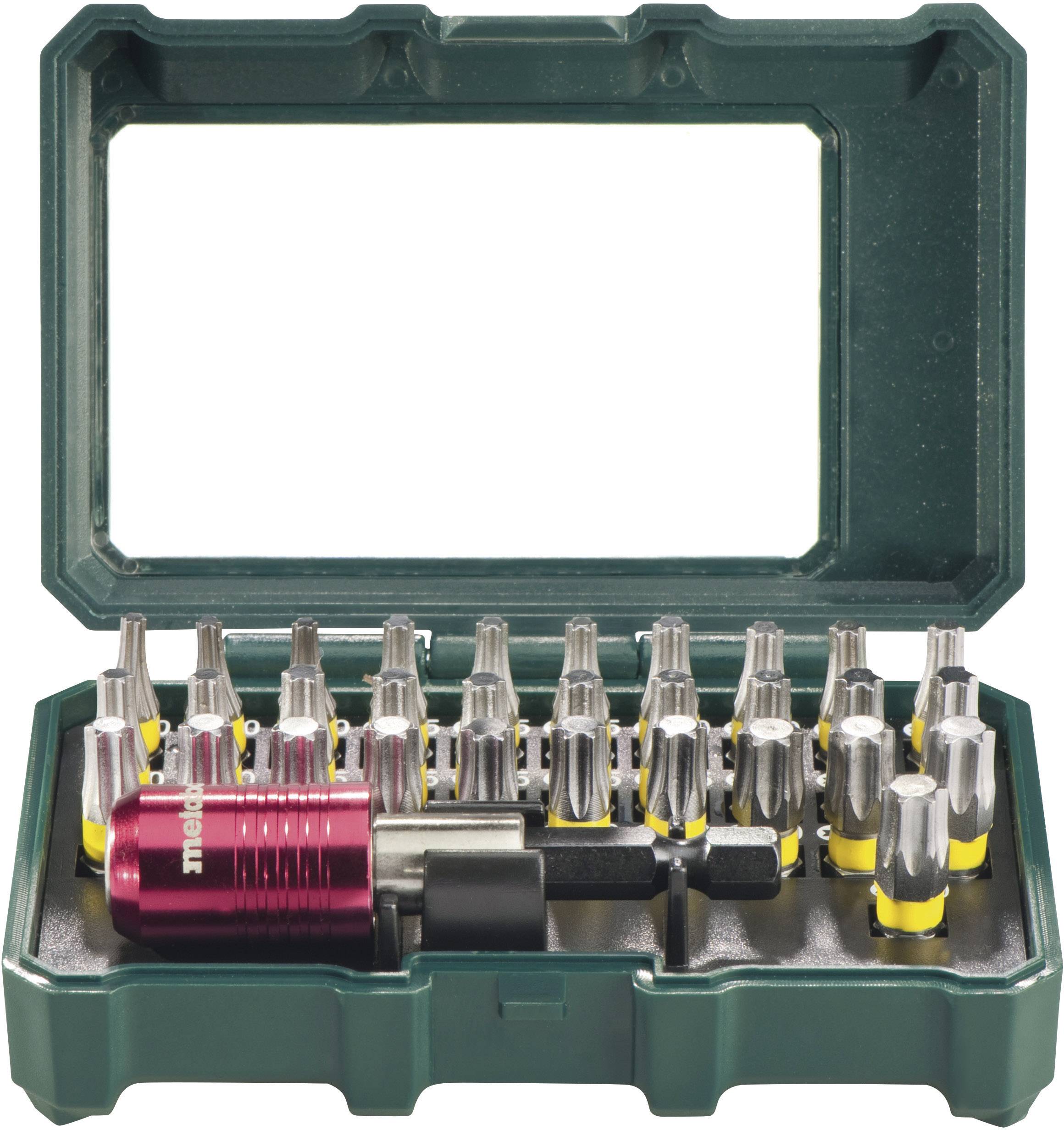 A screwdriver bit set in a green case, including various bit types and a red bit holder.