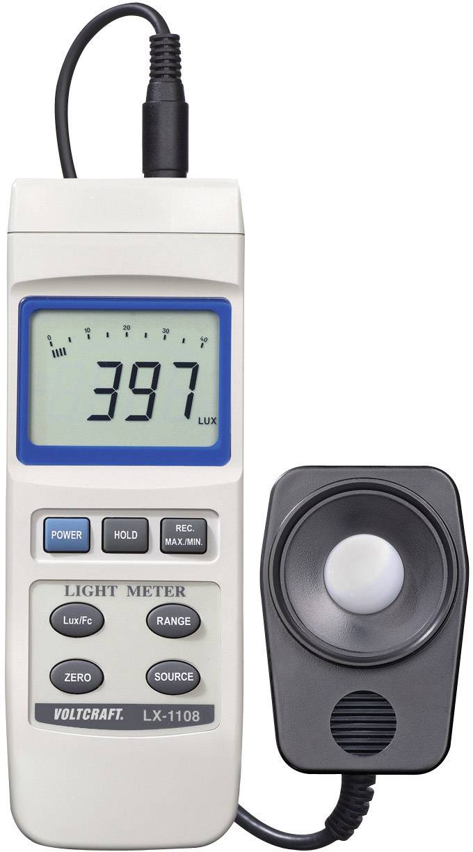 A luxmeter displaying '397 Lux' on the screen. It consists of a main device and a connected sensor.